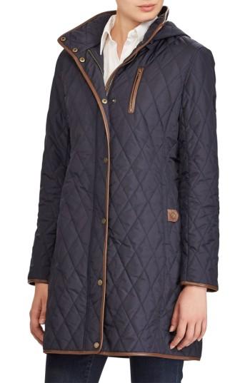 Women's Lauren Ralph Lauren Faux Leather Trim Quilted Coat - Blue