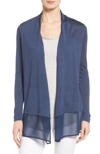 Petite Women's Nic+zoe Chiffon Trim Cardigan P - Blue