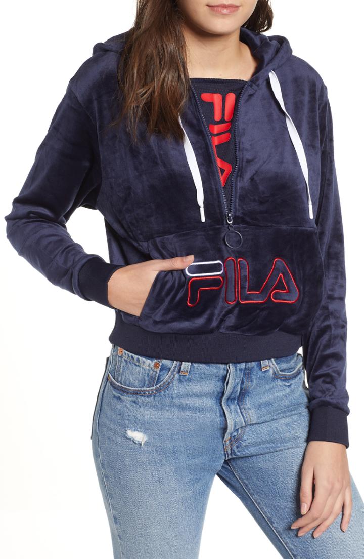 Women's Fila Rosella Velour Half Zip Hoodie - Blue