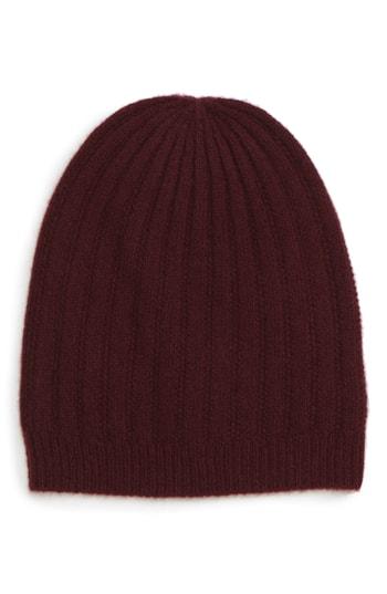 Women's Halogen Ribbed Cashmere Beanie - Burgundy