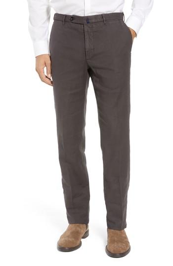 Men's Incotex Flat Front Stretch Linen & Cotton Trousers - Brown