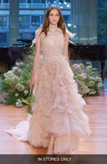 Women's Monique Lhuillier Ballad Surplice Tulle & Organza High/low Gown, Size - White