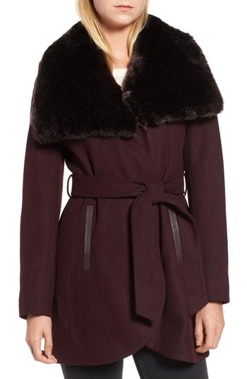 Women's French Connection Faux Fur Collar Wool Blend Coat - Red