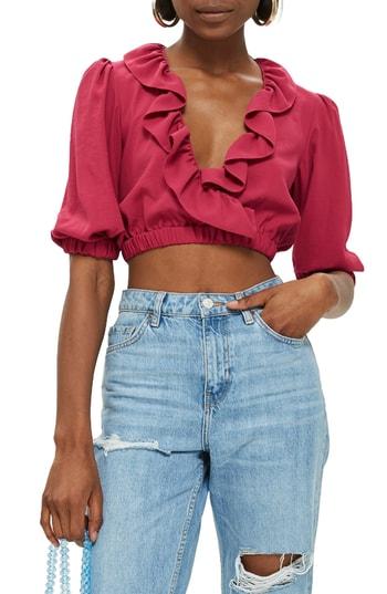 Women's Topshop Ruffle Crop Top Us (fits Like 0) - Pink