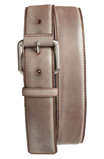 Men's Tumi Leather Belt - Nickel Satin/ Brown