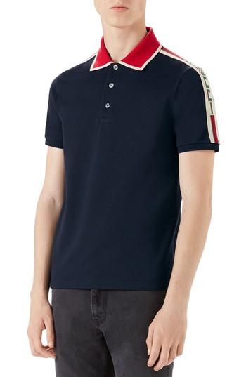 Men's Gucci Jacquard Stripe Sleeve Pique Polo - Blue