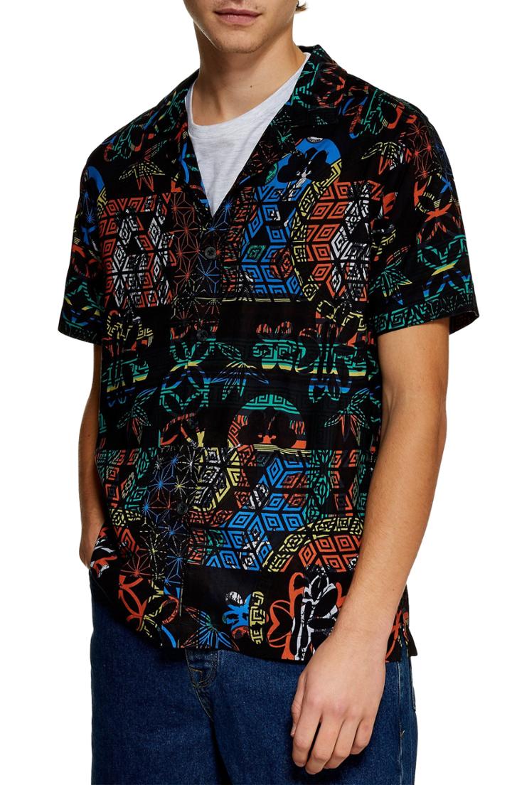 Men's Topman Floral Roman Print Shirt - Black