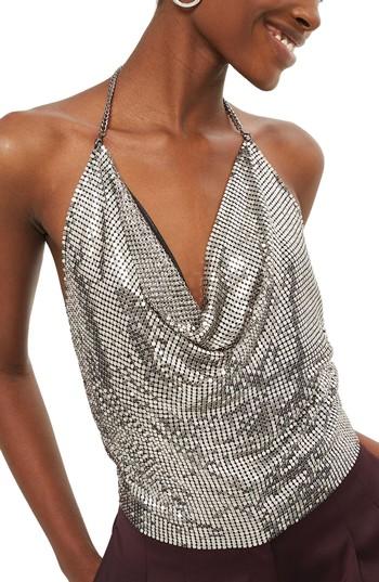 Women's Topshop Chain Mail Halter Neck Top - Metallic