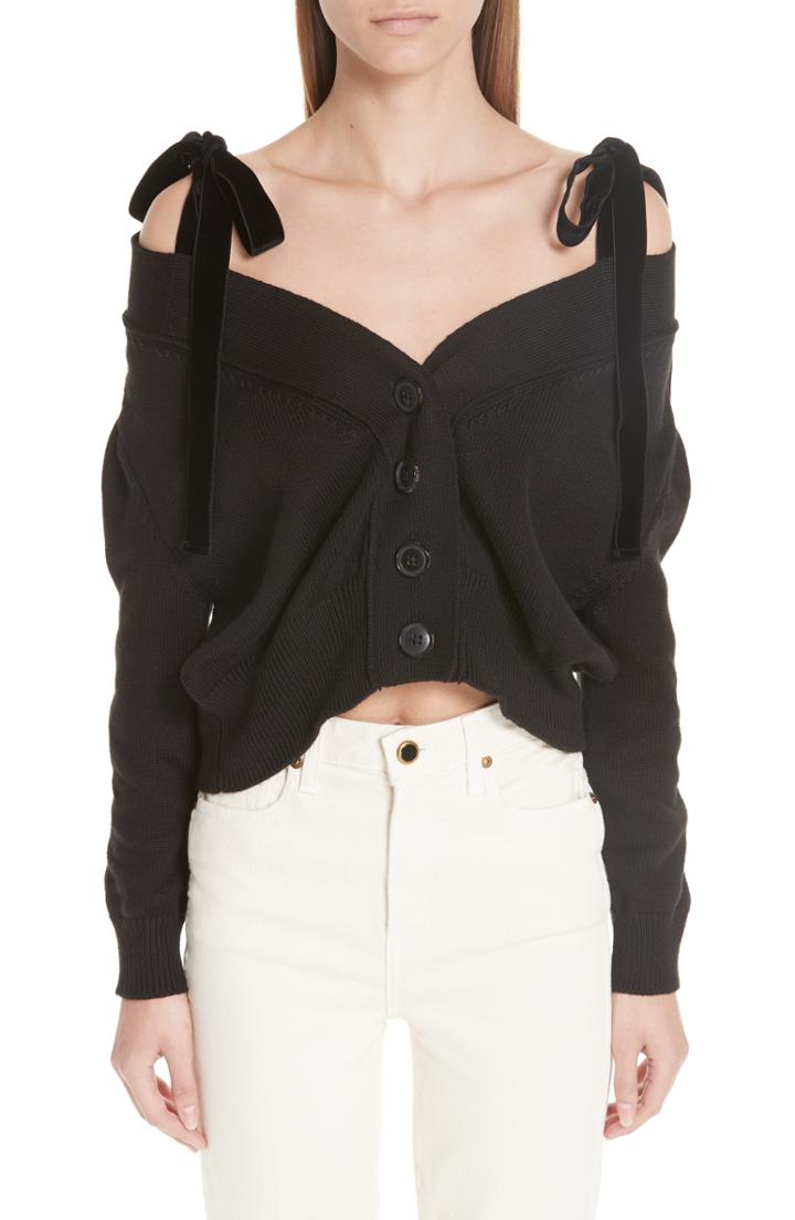 Women's Adeam Velvet Tie Off The Shoulder Button Cardigan