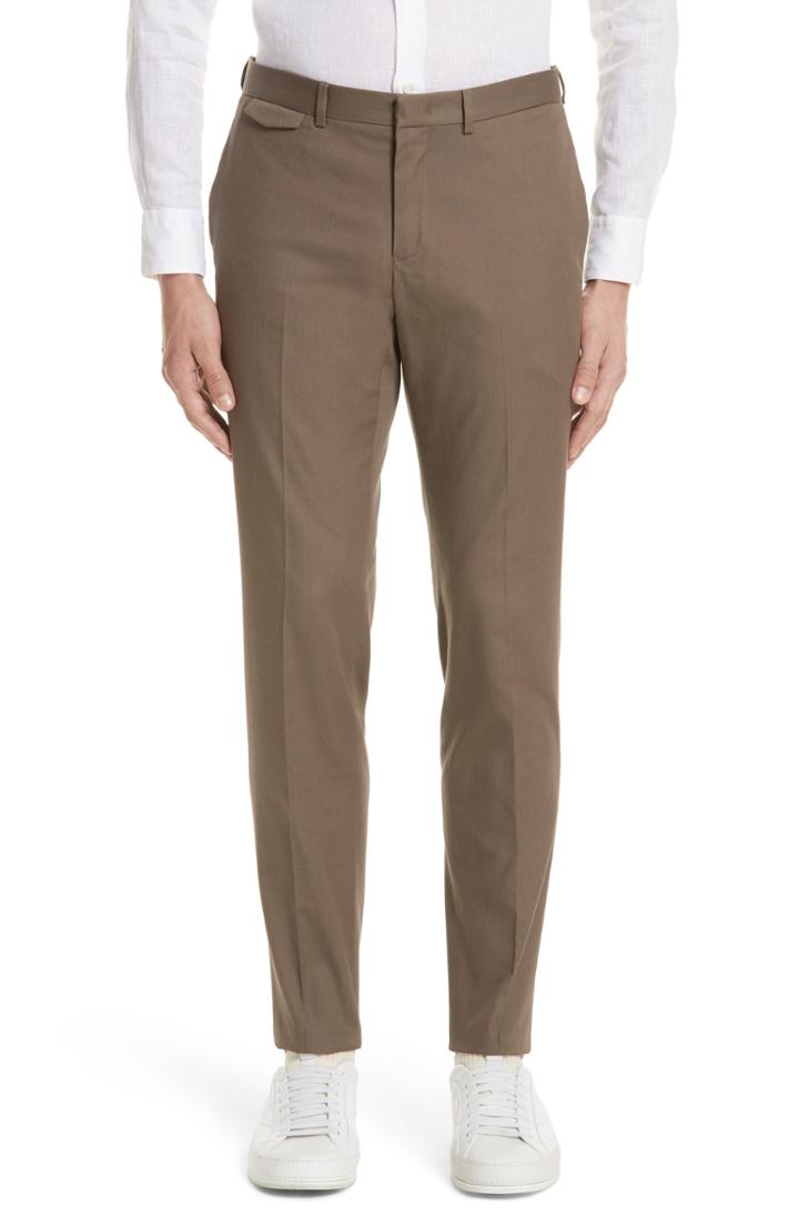 Men's Z Zegna Flat Front Stretch Cotton Trousers Us / 50 Eu R - Green