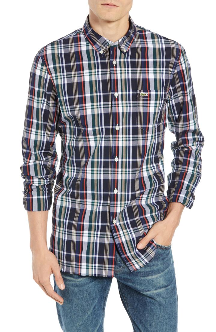 Men's Lacoste Slim Fit Plaid Sport Shirt - Green