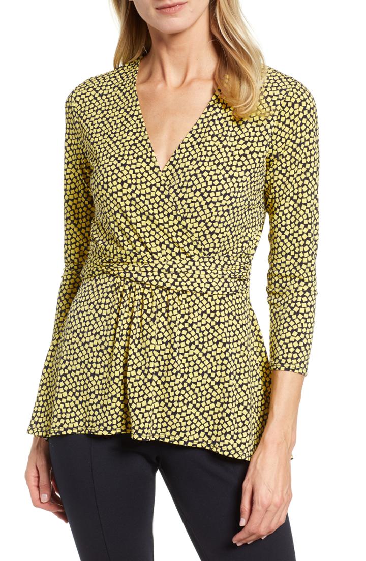 Women's Chaus Scattered Tiles Faux Wrap Knit Top - Yellow