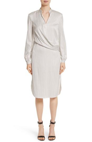 Women's St. John Collection Vertical Stripe Stretch Silk Dress - Beige