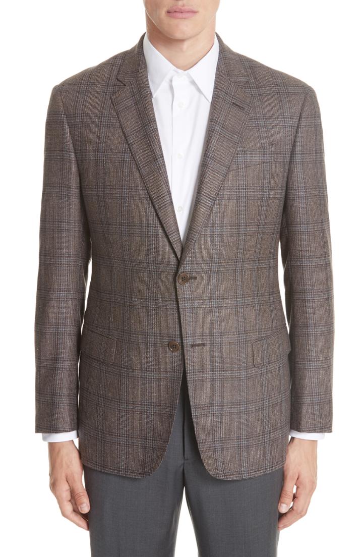 Men's Emporio Armani G Line Trim Fit Plaid Silk & Wool Sport Coat Us / 50 Eu R - Brown