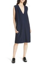 Women's Eileen Fisher Deep V-neck Knee Length Shift Dress, Size - Blue