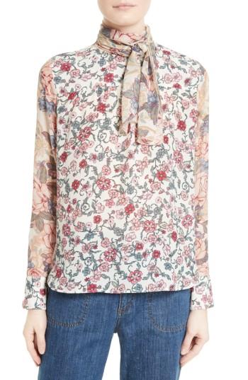 Women's See By Chloe Floral Tie Neck Blouse Us / 36 Fr - Pink