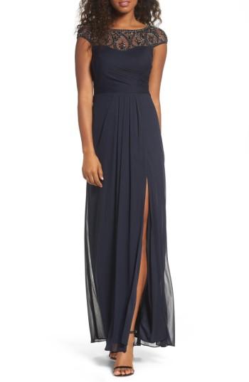 Women's Xscape Beaded Mesh Gown - Blue