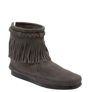 Women's Minnetonka Fringed Moccasin Bootie .5 M - Grey