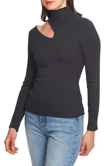 Women's 1.state Shoulder Cutout Mock Neck Rib Knit Top - Grey