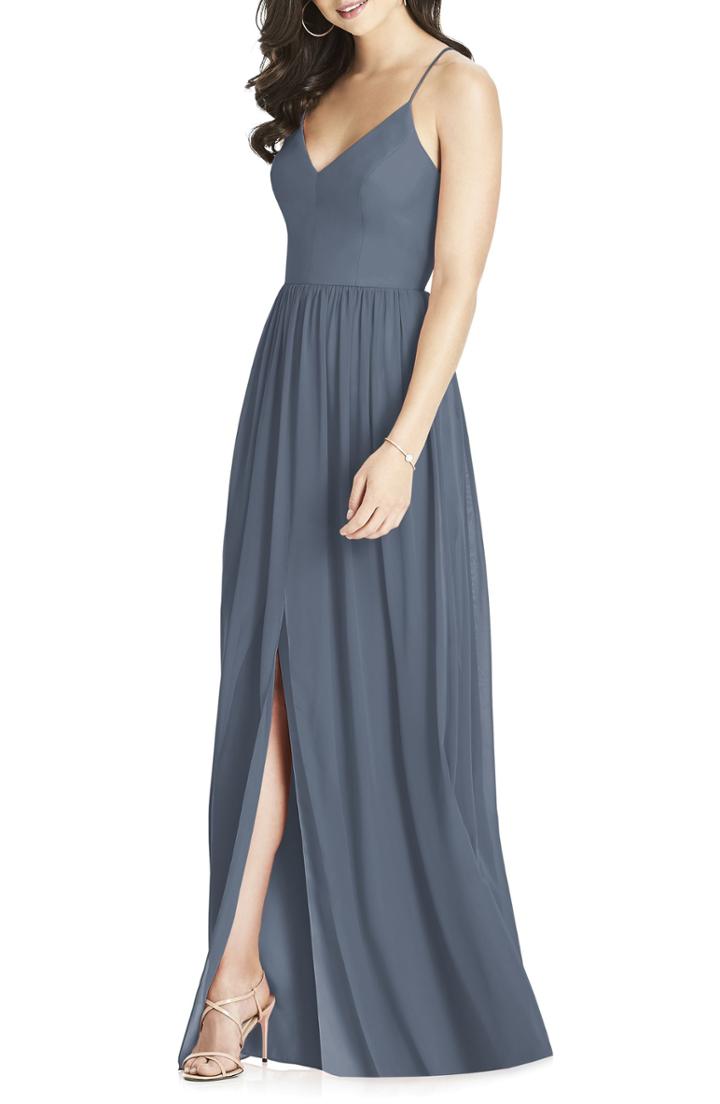 Women's Dessy Collection Spaghetti Strap Chiffon Gown (similar To 14w) - Grey