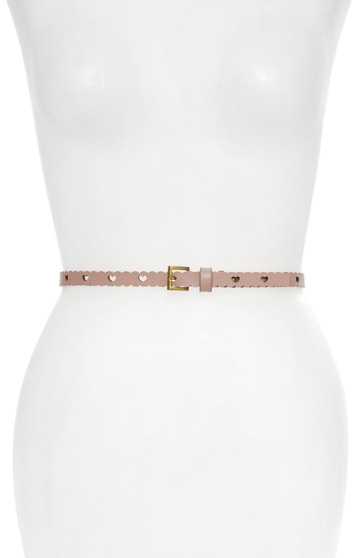 Women's Kate Spade New York Stone Heart Scalloped Calfskin Leather Skinny Belt - Warm Vellum/ Brass