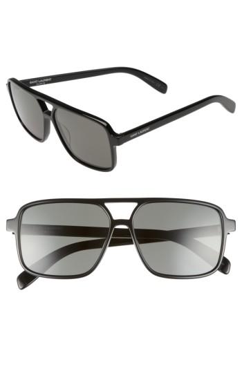 Women's Saint Laurent 58mm Square Navigator Sunglasses - Black/ Black/ Grey