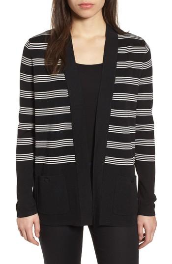 Women's Anne Klein New York Stripe Patch Pocket Cardigan, Size - Black