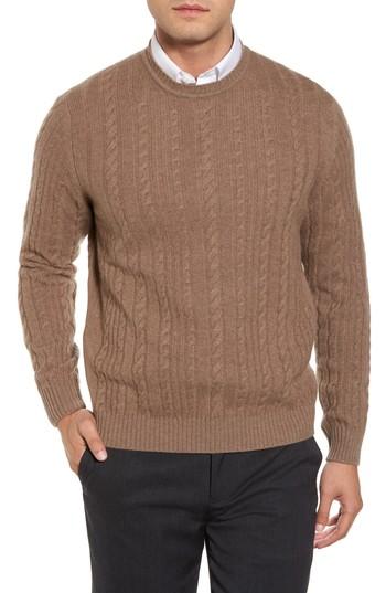 Men's David Donahue Cable Knit Cashmere Sweater - Brown