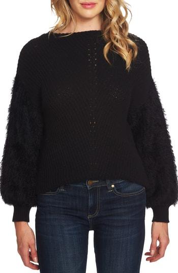 Women's Cece Fuzzy Sleeve Cotton Blend Pullover Sweater - Black