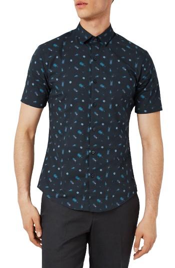 Men's Topman Muscle Fit Bug Print Shirt - Blue