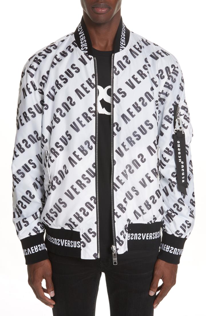 Men's Versus Versace Diagonal Mirror Logo Reversible Bomber Jacket Eu - White