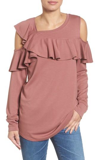 Women's Halogen Asymmetrical Ruffle Cold Shoulder Top - Burgundy