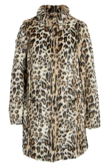 Women's Dorothy Perkins Leopard Print Faux Fur Funnel Coat Us / 10 Uk - Beige