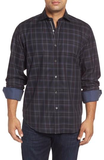 Men's Bugatchi Classic Fit Large Check Twill Sport Shirt, Size - Grey