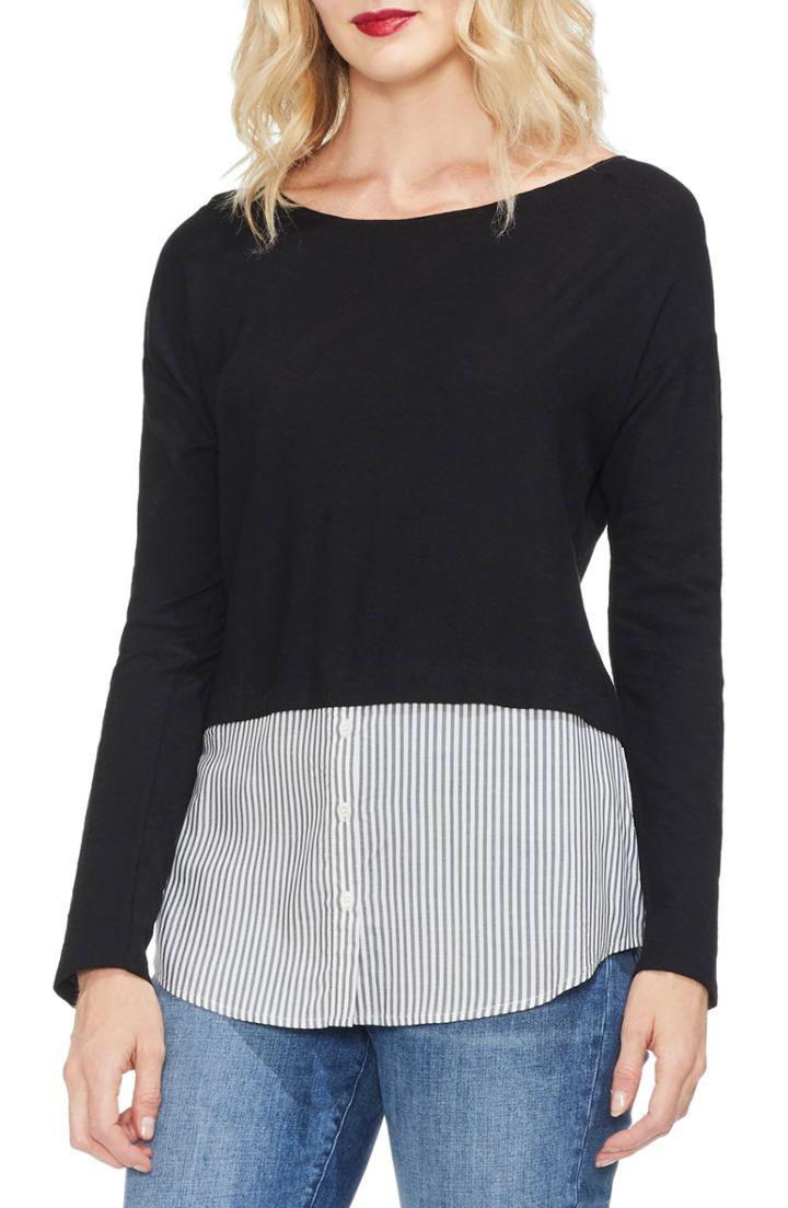 Women's Vince Camuto Stripe Hem Mixed Media Top, Size - Black