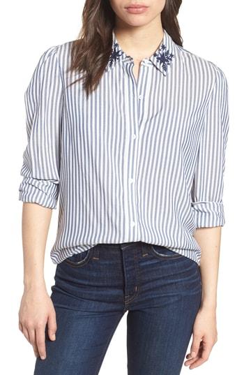 Women's Vince Camuto Embroidered Collar Stripe Shirt, Size - Blue