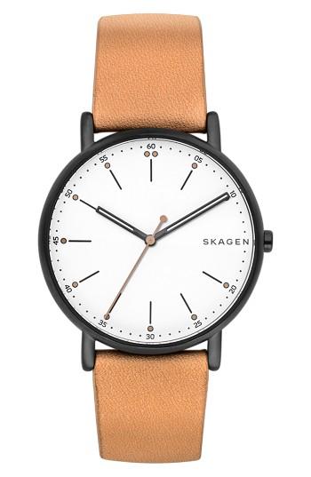 Men's Skagen Round Leather Strap Watch, 40mm