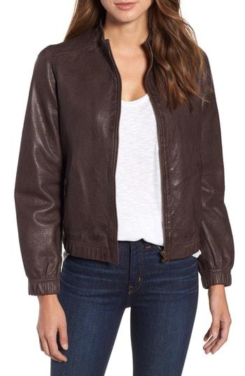 Women's Caslon Washed Leather Bomber Jacket - Brown