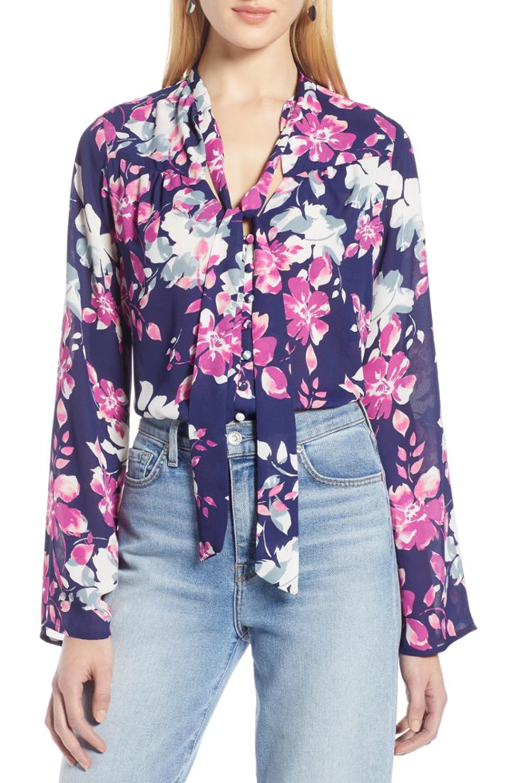 Women's Vince Camuto Geo Print Bishop Sleeve Blouse - Blue