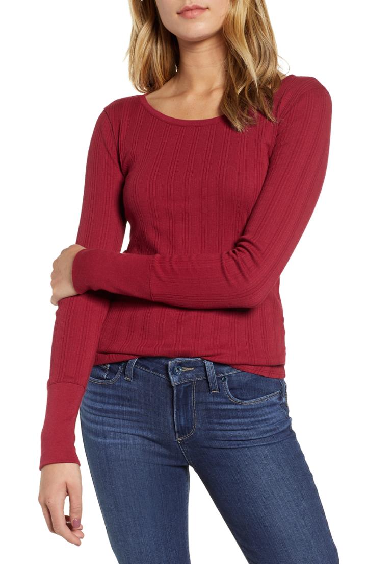 Women's Hinge Pointelle Knit Button Cuff Top - Red