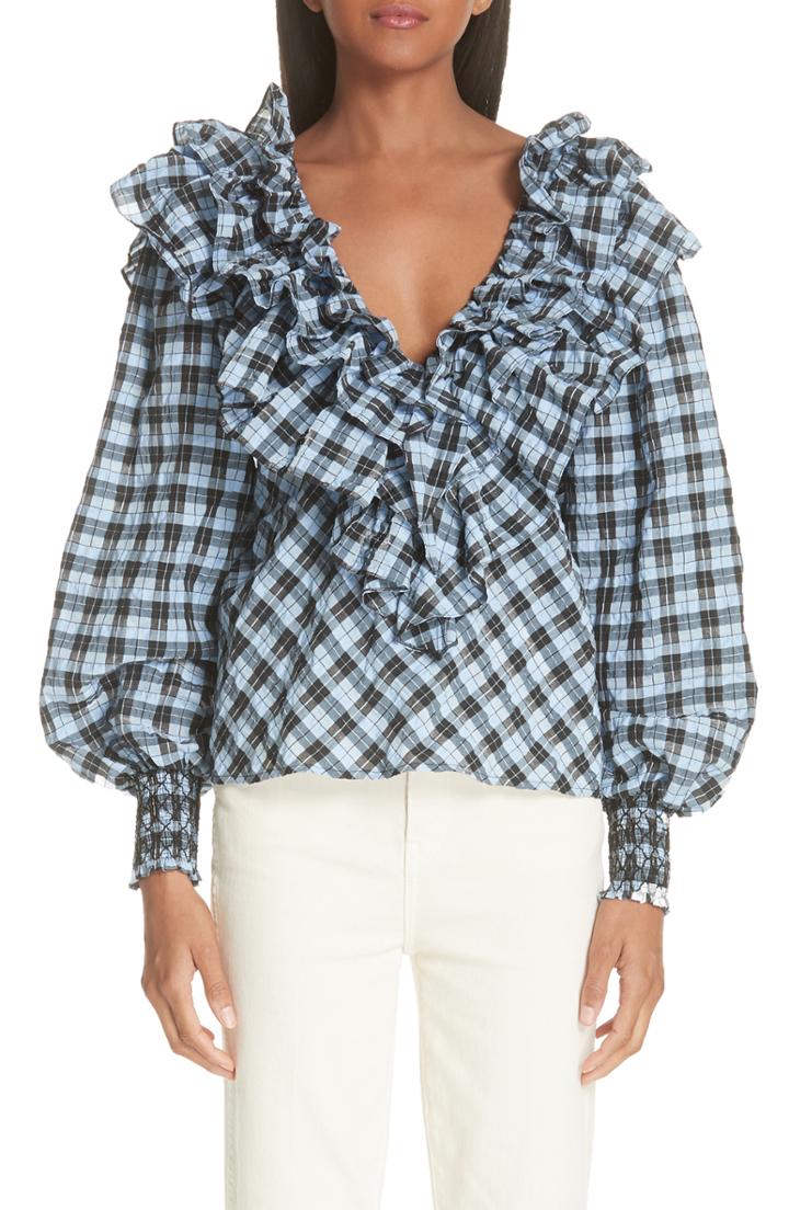 Women's Ganni Ruffle Plaid Blouse Us / 36 Eu - Purple