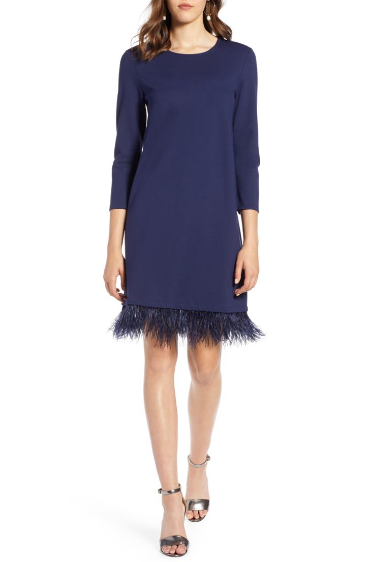 Women's Halogen Ponte Feather Trim Shift Dress, Size - Blue