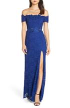 Women's Sequin Hearts Off The Shoulder Illusion Gown - Blue