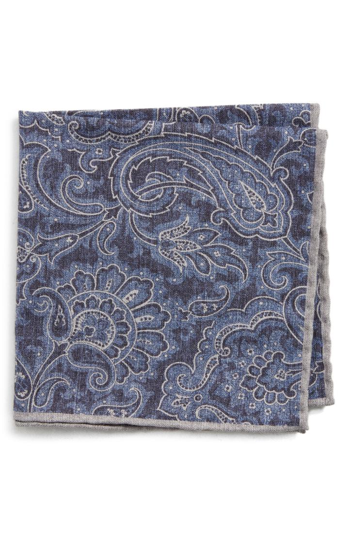 Men's Eleventy Paisley Wool & Cotton Pocket Square