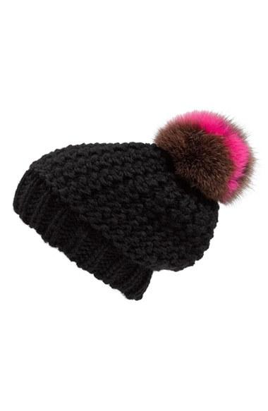 Women's Helene Berman Genuine Fox Fur Pompom Beanie -
