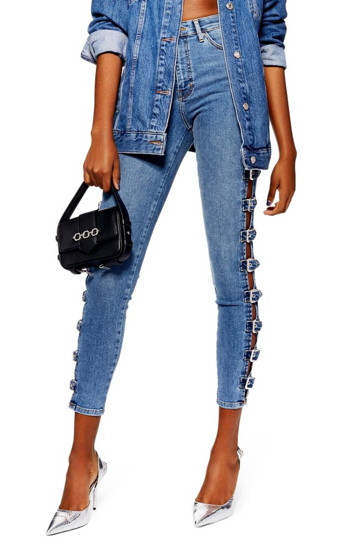 Women's Topshop Jamie Side Buckle Jeans W X 32l (fits Like 28-29w) - Blue