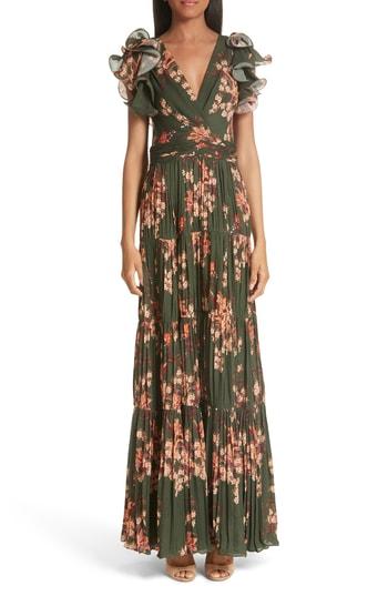 Women's Johanna Ortiz Ruffle Sleeve Tiered Silk Gown - Green