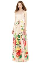 Women's Alfred Sung Watercolor Floral Print Sleeveless Sateen A-line Gown - Coral