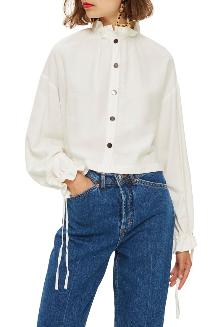 Women's Topshop Ruffle Collar Snap Shirt Us (fits Like 0-2) - Ivory