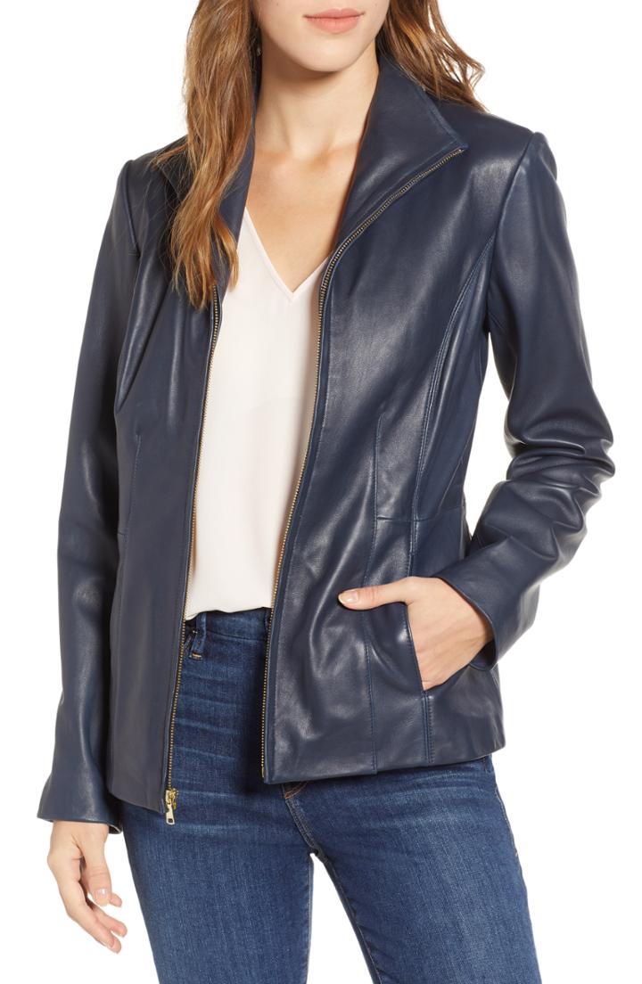 Women's Cole Haan Lambskin Leather Jacket - Blue